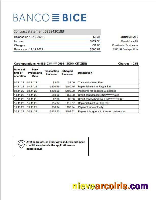 Chile Banco Bice bank statement, Excel and PDF format